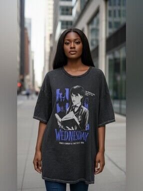 Fashion Nova Wednesday Addams Graphic T-Shirt Mineral Wash Charcoal Grey 1X EUC